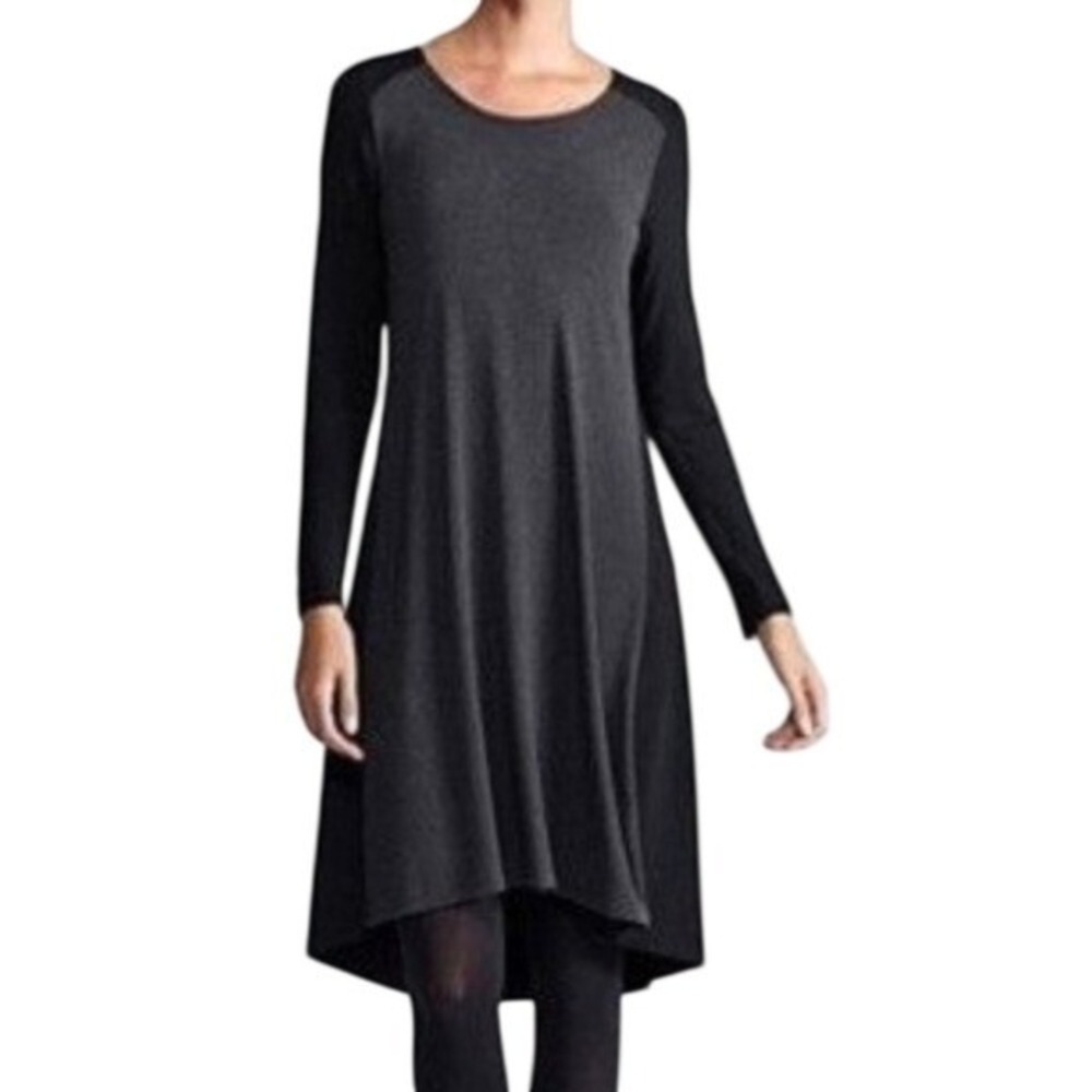 EILEEN FISHER Large Two tone Grey Black Long Sleeve Knit Scoop Neck Shift Dress